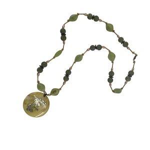 Green Stone‎ Bead Necklace with Shell Pendant Bamboo Design Witchy Lagenlook